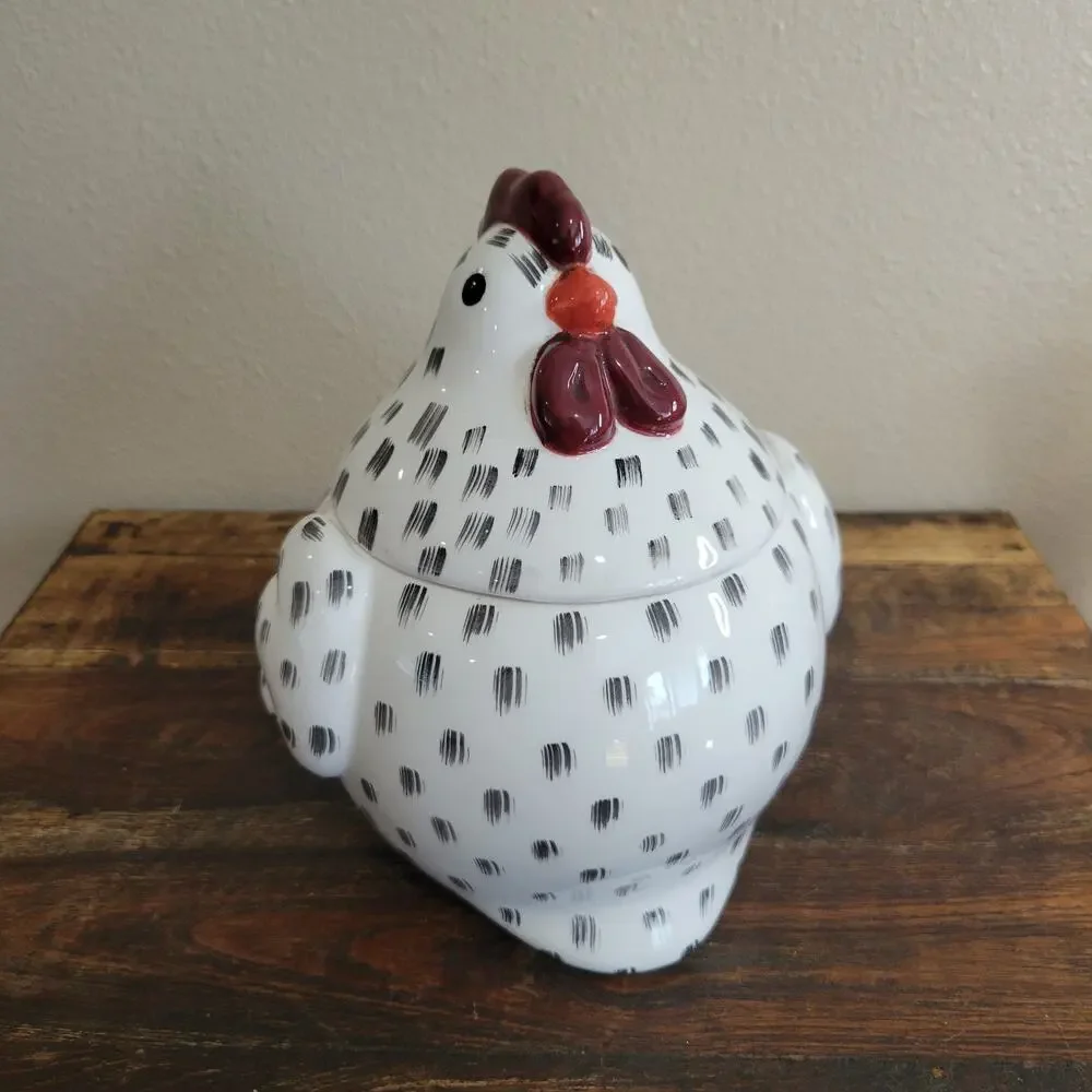 Farmhouse Ceramic Chicken Lidded Bowl Brushstroke Pattern